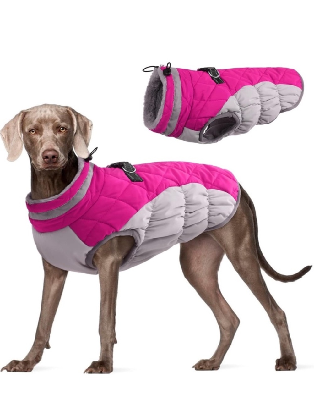 Large Dog Winter Coat – Waterproof Fleece Jacket w/ Harness, Pink